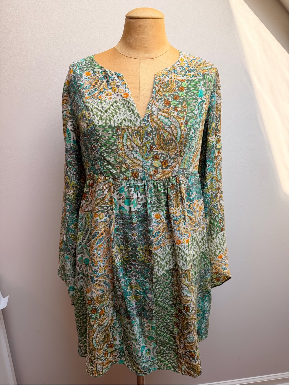 Floreat Green Paisley Patchwork Boho Hippie Long-Sleeve Dress